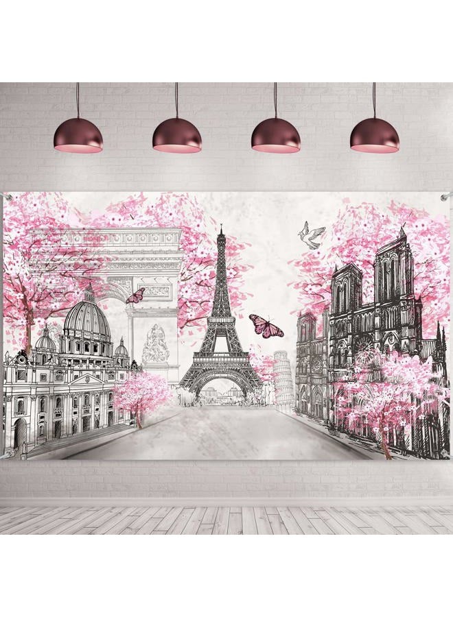 Sumind Paris Tapestry Backdrop Paris Wall Art Eiffel Tower Photo Banner Background European City Landscape Pink Wall Hanging Decor for Living Room Girl Bedroom Paris Themed Party Decoration, 72.8 x 43.3 Inch - Image 1